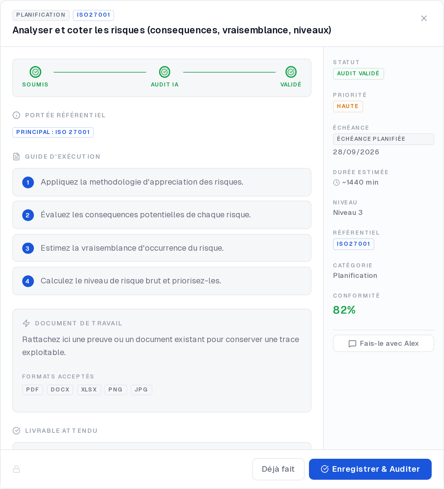 Détail d’une action ALYDEA : référentiel, priorité, échéance, durée estimée, guide d’exécution en quatre étapes, document de travail attendu et formats acceptés.