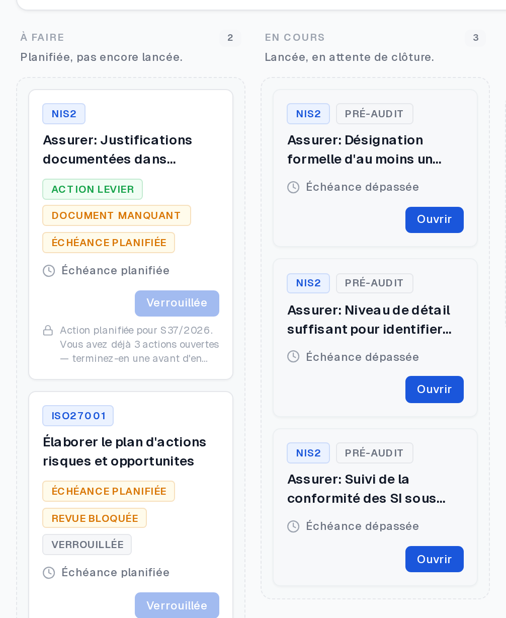Plan d’action ALYDEA : cartes d’actions réparties entre « à faire » et « en cours », avec leur référentiel, leur échéance et les actions verrouillées au-delà du plafond d’actions ouvertes de l’offre.