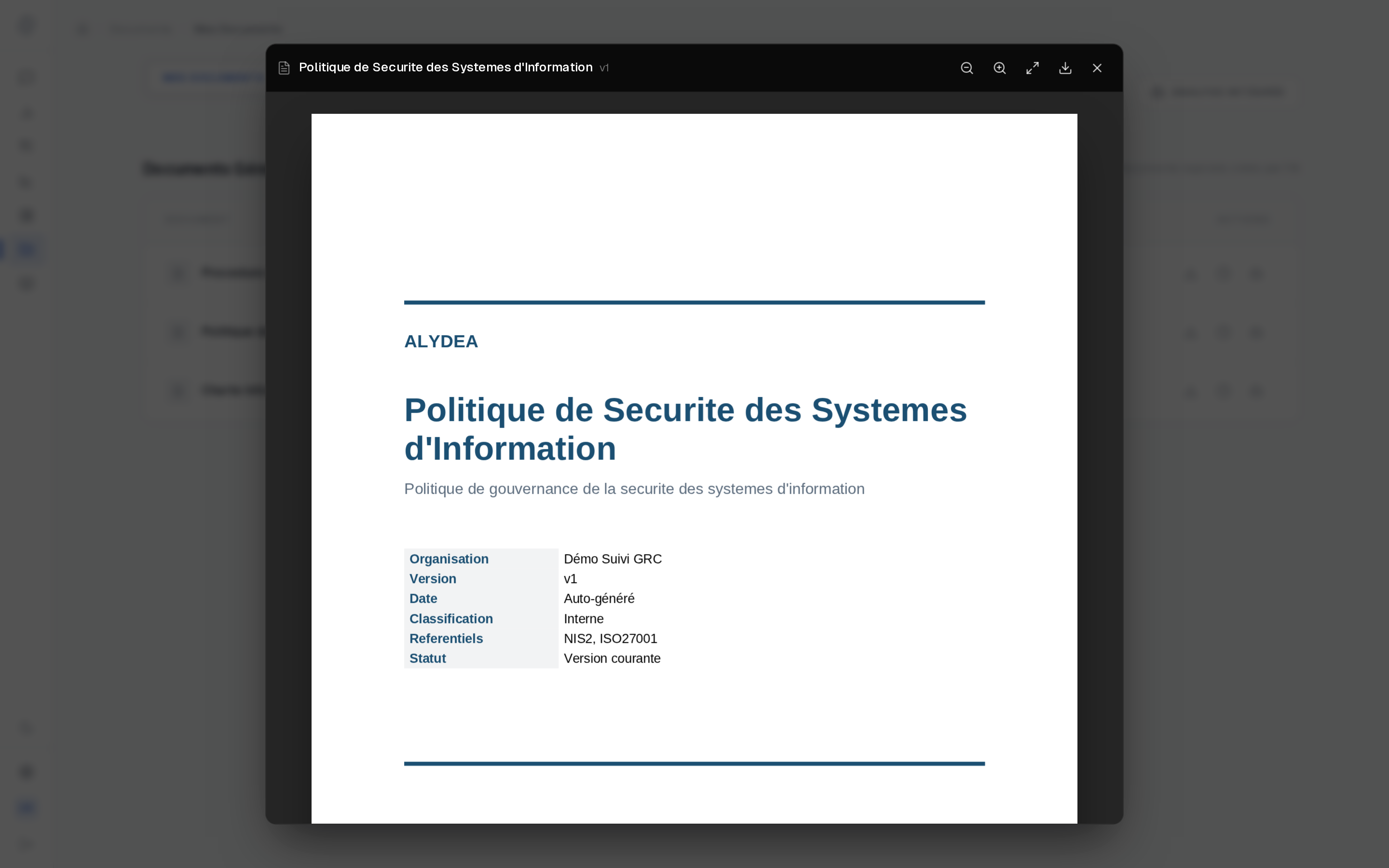 Liseuse de documents ALYDEA affichant une politique de sécurité des systèmes d’information générée, avec son organisation, sa version, sa classification et ses référentiels.