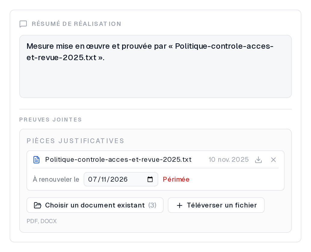 Registre de preuves ALYDEA : une pièce justificative rattachée à une exigence, avec sa date de dépôt, sa date de renouvellement et la mention « périmée ».